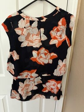 CAbi Black Top with Coral and Cream Floral Print